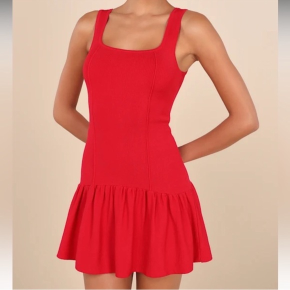 Red Knit Drop Waist Mini Dress - Picture 2 of 6
